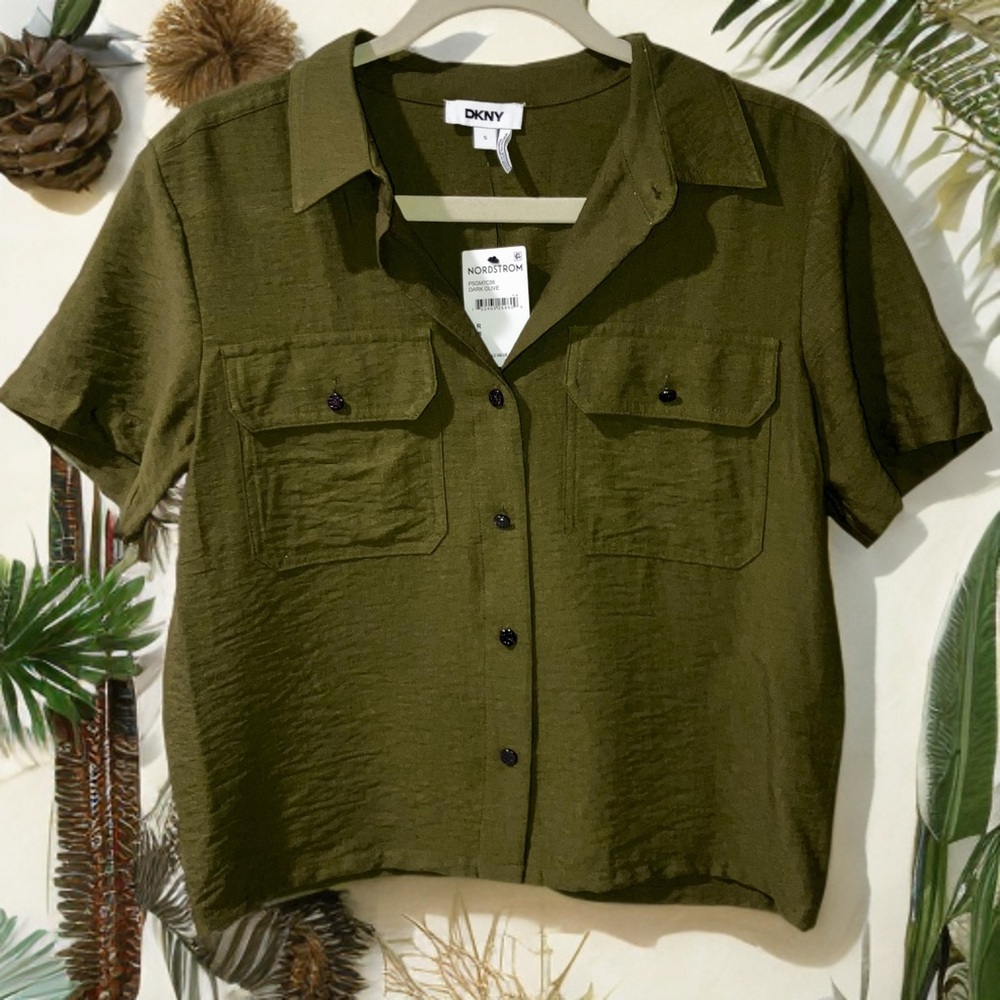 DKNY Women Olive Green Textured Button Up Blouse Top Pockets Safari Animal S NWT